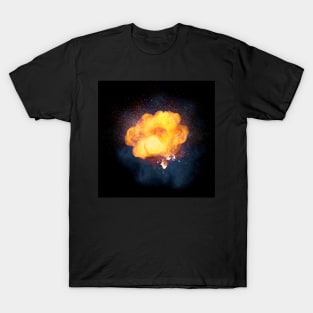 Realistic fiery explosion, orange color with sparks and smoke T-Shirt